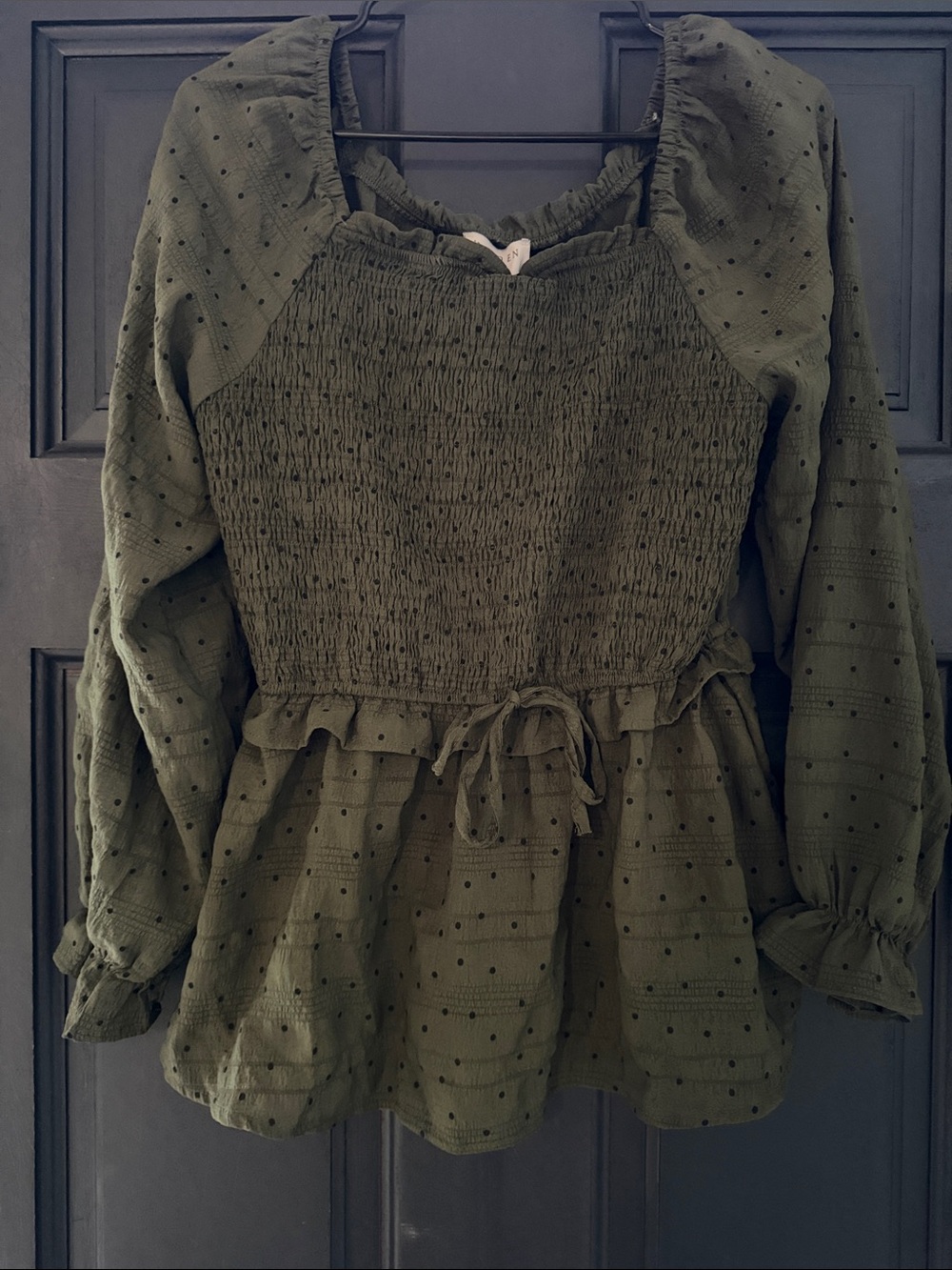 Hayden Olive Green Smocked Peplum Blouse with Dot Texture